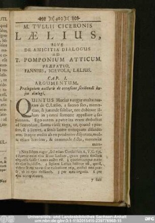 M. Tulli Ciceronis Laelius, Sive De Amicitia Dialogus Ad T. Pomponium Atticum, Praefatio. Fannius, Scaevola, Laelius.