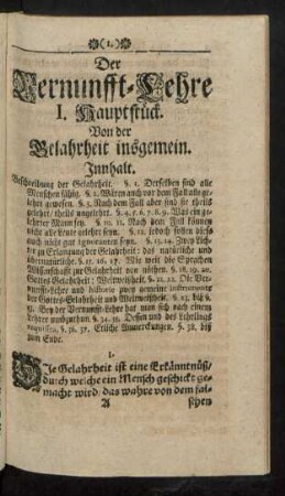 Der Vernunfft-Lehre 1. Hauptstück. Von der Gelahrheit insgemein.
