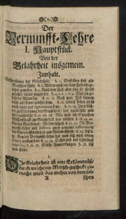 Der Vernunfft-Lehre 1. Hauptstück. Von der Gelahrheit insgemein.