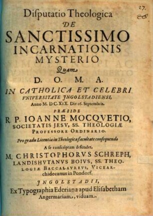Disp. theol. de sanctissimo incarnationis mysterio