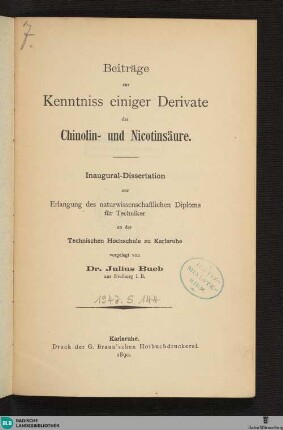 Beiträge zur Kenntnis einiger Derivate der Chinolin- und Nicotinsäure