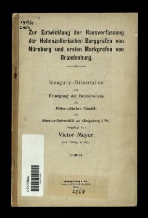 Zur Entwicklung der Hausverfassung der Hohenzollerischen Burggrafen von Nürnberg und ersten Markgrafen von Brandenburg