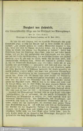 Burghart von Hohenfels : eine literar-historische Skizze aus der Blüthezeit des Minnegesanges