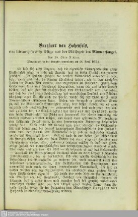 Burghart von Hohenfels : eine literar-historische Skizze aus der Blüthezeit des Minnegesanges
