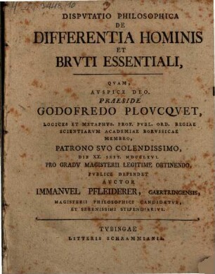 Disputatio philosophica de differentia hominis et bruti essentiali