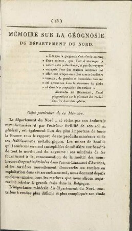 Mémoire sur la Géognosie du Département du Nord