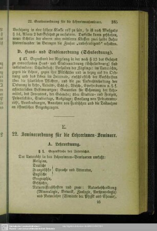 22. Seminarordnung für die Lehrerinnen-Seminare