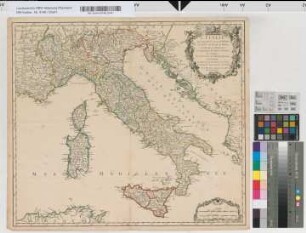 Italien, Territorien: L'Italie qui comprend les Etats de Piémont, les Duchés de Milan, de Parme, de Modene, de Mantoue etc. les Républiques de Genes, de Venise, de Lucques etc. le Grand Duché de Toscane, l'Etat du Saint-Siége, le Royaume de Naples, et les Isles de Corse, de Sardaigne, et de Sicile. Par le Sr. Robert Geographe ord. du Roi. Avec Privilége, 1750.