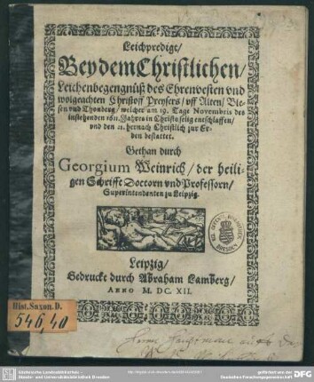 Leichpredigt, bey dem Leichenbegengnüß des Christoph Preysers