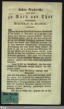 8.1816: Nachricht von der zu Rath und That verbundenen Gesellschaft zu Dresden