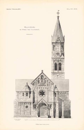 Marienkirche, Innsbruck-Pradl: Ansicht von Osten (aus: Atlas zur Zeitschrift für Bauwesen, hrsg. v. Ministerium der öffentlichen Arbeiten, Jg. 59, 1909)