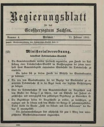 15. Ministerialverordnung, betreffend Todesursachen-Statistik