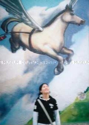 Junge Vietnamesin vor einer mit einem Pegasus bemalten Hausfassade (Altersgruppe 14-17)
