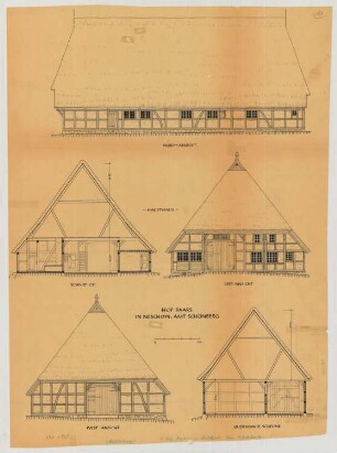 Neschow (Kreis Schönberg): Hof Baars. - Haupthaus (Nordansicht, Ostansicht, Querschnitt). - Scheune (Querschnitt)