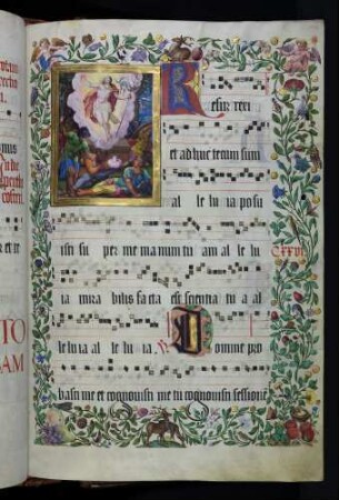 Zierseite mit Bordürenrahmen, Initiale: R(esurrexi) und Miniatur: Auferstehung Jesu