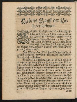 Lebens-Lauff der Seligverstorbenen.