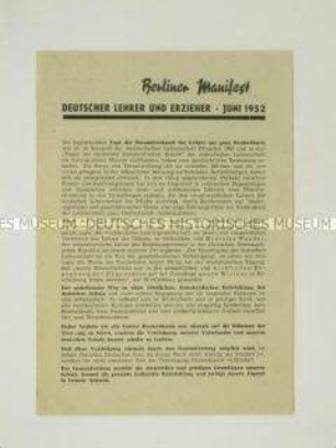 Flugblatt mit dem Manifest der "Tage der Zusammenkunft der Lehrer aus ganz Deutschland"