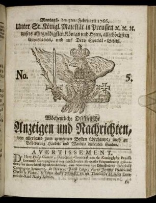 No. 5. Montags, den 3ten Februarii 1766.