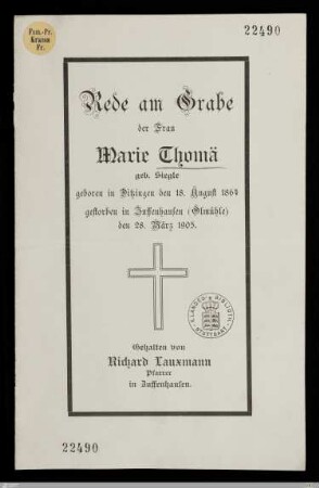 Rede am Grabe der Frau Marie Thomä geb. Siegle : geboren in Ditzingen den 18. August 1864, gestorben in Zuffenhausen (Ölmühle) den 28. März 1905