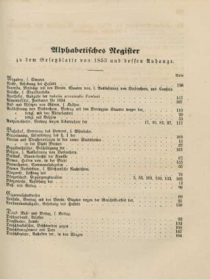 Alphabetisches Register zu dem Gesetzblatte von 1853 und dessen Anhange