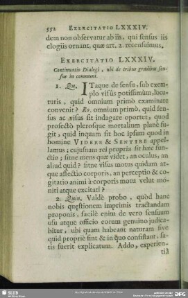 Exercitatio LXXXIV. Continuatio Dialogi, ubi de tribus gradibus sensus in communi