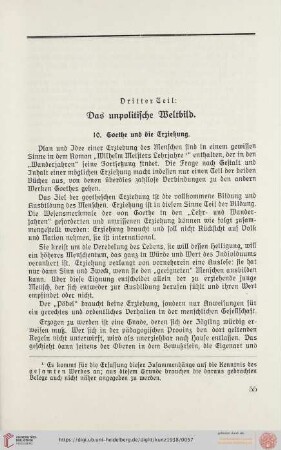 Das unpolitische Weltbild. 10. Goethe und die Erziehung