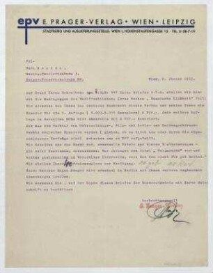 Brief von E. Prager-Verlag an Vera Broido. Wien
