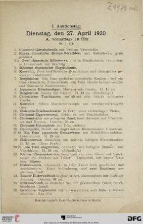I. Auktionstag: Dienstag, den 27. April 1920 (Nr. 1-465)