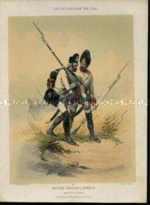 Uniformdarstellung, Füsilier und Grenadier der Deutschen Infanterie, Österreich, 1750/1790. Tafel 40 aus: Gerasch: Das Oesterreichische Heer.