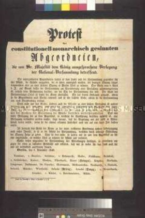 Maueranschlag: Zustimmung der konstitutionell-monarchisch gesinnten Abgeordneten zu der vom König verordneten Verlegung der Nationalversammlung nach Brandenburg; Berlin, 9. November 1848