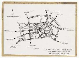 Berlin. Marx-Engels-Forum. Schematischer Übersichtsplan. Berlin, Mitte, Stadtzentrum, Schloßplatz (1951-1994 Marx-Engels-Platz)/Lustgarten/Jägerstraße/Kaiser-Wilhelm-Straße (1947-1969 Liebknechtstraße, seit 1969 Karl-Liebknecht-Straße)/Spandauer Straße/Königstraße (seit 1951 Rathausstraße)/Alexanderplatz