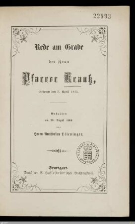 Rede am Grabe der Frau Pfarrer Krauß : Geboren den 5. April 1815; Gehalten am 28. August 1866