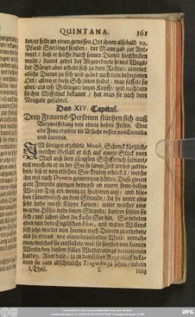 Das XIV. Capitul. Drey Frauens-Personen stürtzen sich auß Verzweiffelung von einem hohen Felsen. Eine alte Frau erzehlet die Ursache dessen von Cornelia und Lucretia.