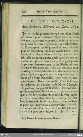 Lettre CCCCXXXVI. Aux Rochers, Mécredi 26. Juin, 1680