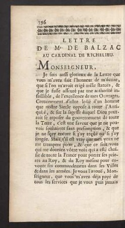Lettre de Mr. de Balzac au Cardinal de Richelieu.