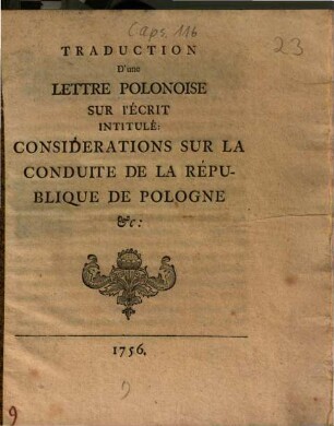 Traduction d'une lettre Polonoise sur l'écrit intitulé: Considérations sur la conduite de la république de Pologne &c