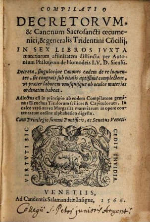 Compilatio Decretorum et Canonum ... Concilii Tridentini