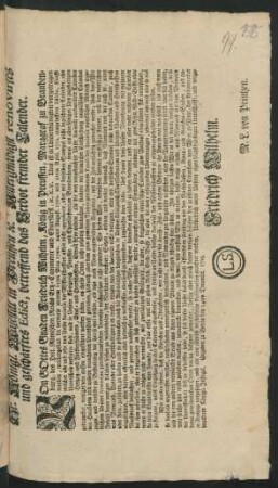 Sr. Königl. Majestät in Preussen [et]c. Allergnädigst renovirtes und geschärftes Edict, betreffend das Verbot fremder Calender ... : Gegeben zu Berlin, den 14ten Decembr. 1723