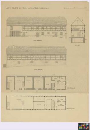 Oberpoyritz (Dresden): Hof Jentzsch. Nebenhaus (West-Seiten-Ansicht, Ost-Seiten-Ansicht, Querschnitt, Grundriss des Erdgeschosses, Grundriss des Obergeschosses).