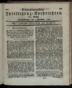XL. Stück. Sonnabends: den 2. October, 1784.
