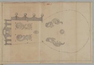 Jagdanlage mit Jagdschirm, Entwurf, Grundriss und Aufriss : Jagdanlage mit Jagdschirm, Entwurf, Grundriss und Aufriss mit Bezeichnungen, Abraham Wege, 1739. Tinte/Papier. 31,3 x 46,5 cm. Bez.: "Nro: 5." Erläuterung des Entwurfs, vgl. Bl. 13-14.