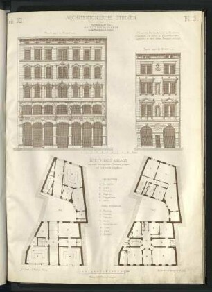 Miethaus-Anlage. Fassaden, Grundriss Erdgeschoss und Obergeschossse