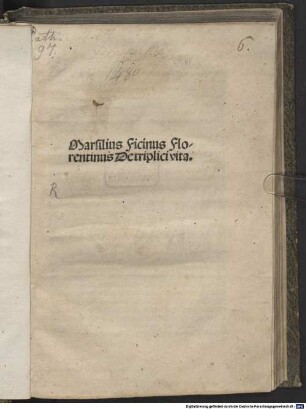 Marsilius Ficinus Florentinus De triplici vita