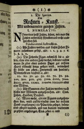 1. Die Species. Der Rechnen Kunst. Mit unbenannten gantzen Zahlen.