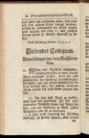 Siebendes Collegium. Anmerkungen von dem Maschinen-Bau.