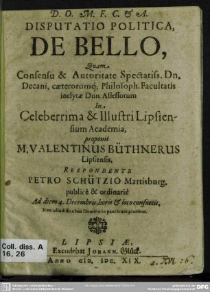 Disputatio politica, de bello