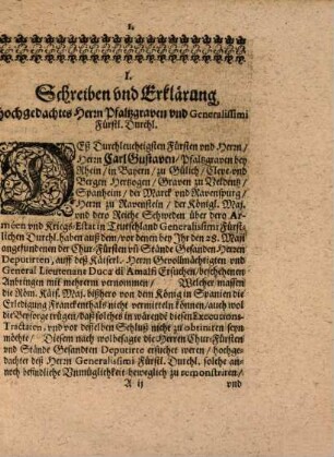 Drey unterschiedliche Schreiben zwischen Dem Durchlauchtigsten Fürsten und Herrn Herrn Carl Gustav Pfaltzgraven bey Rhein ... an einem; Und dann Derer Chur-Fürsten und Stände bey denen zu Nürnberg angestellten Executions-Tractaten anwesenden Gesandten andern Theils gewechselt Wegen deß angesonnenen Temperaments für Franckenthal Homburg Landstul und Hammerstein