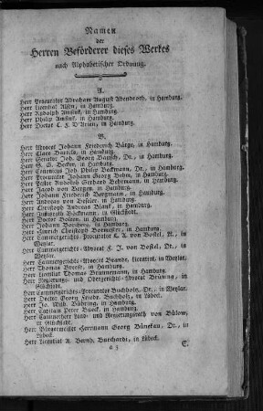 Namen der Herren Beförderer dieses Werkes nach Alphabetischer Ordnung.