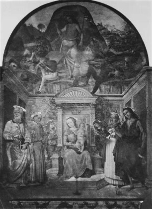 Thronende Madonna zwischen Heiligen und Christi Auferstehung