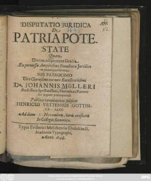 Disputatio Iuridica De Patria Potestate